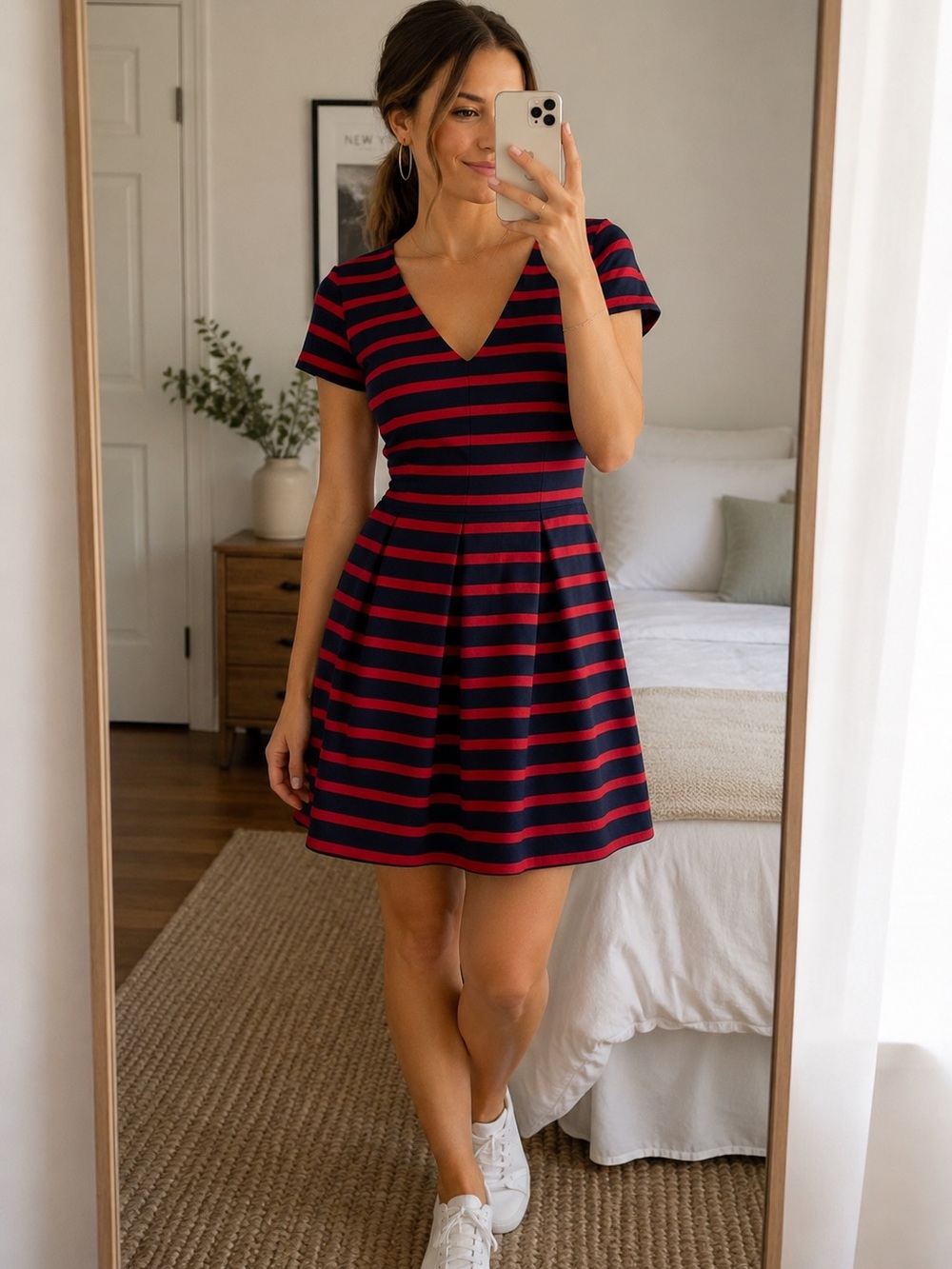 GAP Classic V-Neck Navy and Red Striped Fit & Flare Dress